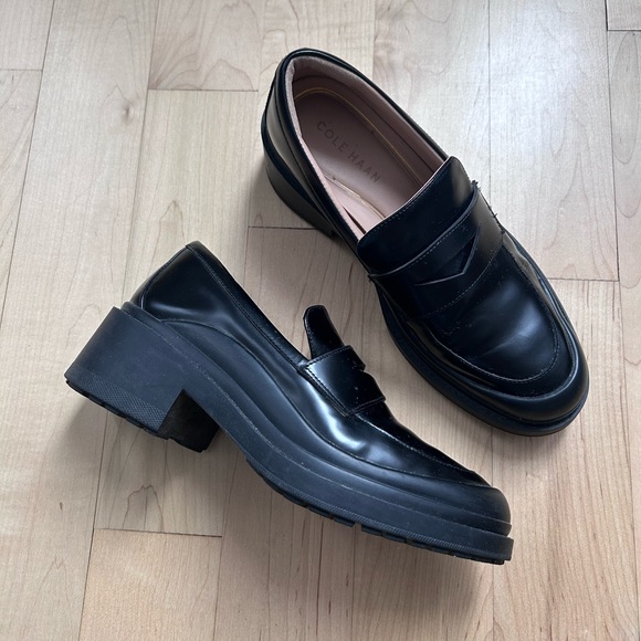 Cole Haan Black Leather Platform Penny Loafers - Picture 3 of 8